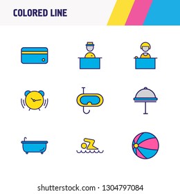 Vector illustration of 9 hotel icons colored line. Editable set of beach ball, swimming man, hotel delivery and other icon elements.