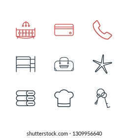 Vector illustration of 9 hotel icons line style. Editable set of chef hat, keys, double decker bed and other icon elements.