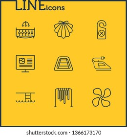 Vector illustration of 9 hotel icons line style. Editable set of iron, seashell, do not disturb tag and other icon elements.