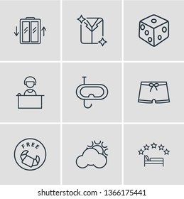 Vector illustration of 9 hotel icons line style. Editable set of casino, free breakfast, snorkeling and other icon elements.