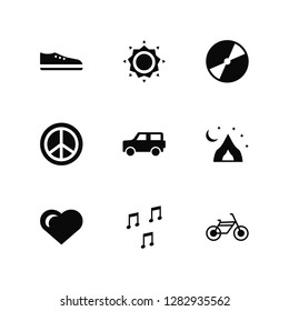 Vector Illustration Of 9 Icons. Editable Pack Shoe, Sun, Heart, Tent, Car, Bicycle, Quaver, Pacifism, Vinyl