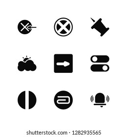 Vector Illustration Of 9 Icons. Editable Pack Back, Minimal, Medium, Desactivate, Right Arrow, Alarm, Attach, Cloudy, Push Pin