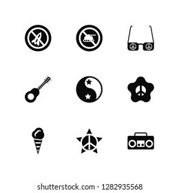 Vector Illustration Of 9 Icons. Editable Pack Pacifism, Ice cream, Flower, Yin yang, Boombox, Guitar, Sunglasses