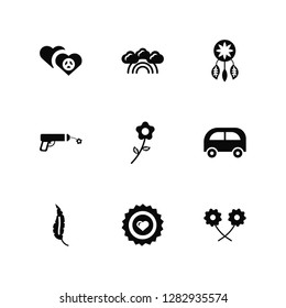Vector Illustration Of 9 Icons. Editable Pack Hearts, Rainbow, Feather, Hippie, Flower, Sun, Pacifism, Dreamcatcher