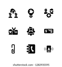 Vector Illustration Of 9 Icons. Editable Pack Share, Solution, Clip, Check, Man, Calling, Phonebook, ID, Resource