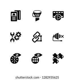 Vector Illustration Of 9 Icons. Editable Pack Menu, Funnel, Wall clock, Muted, Link, Puzzle, More, Wrench, Play