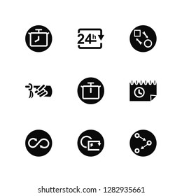 Vector Illustration Of 9 Icons. Editable Pack Chronometer, 24 hours, Infinite, Event, Workflow, Loop, Reminder, Workflow