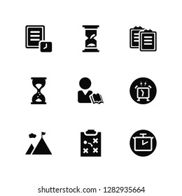 Vector Illustration Of 9 Icons. Editable Pack Document, Sand clock, Goal, Alarm, Study, Chronometer, Strategy, List