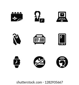 Vector Illustration Of 9 Icons. Editable Pack Calendar, Person, Watch, Smartphone, Digital clock, Alarm, Tags, Laptop