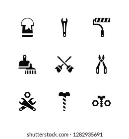 Vector Illustration Of 9 Icons. Editable Pack Open Paint Bucket, Garage Wrench, Wrench and Nut, Repair Pliers, Cleaning Mop, Nuts Bolts, Screw, Dustpan Brush, Painter Roller