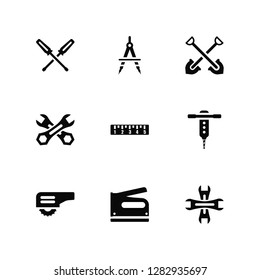 Vector Illustration Of 9 Icons. Editable Pack Garage Screwdriver, Open Compass, Carpenter Cutter, Drill, School Ruler, Wrench, Stapler, Working Shovel