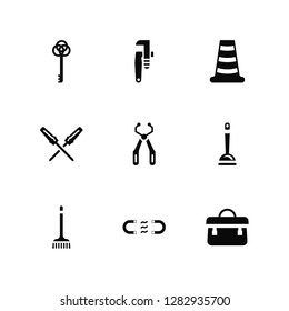 Vector Illustration Of 9 Icons. Editable Pack Antique Key, stillson wrench, Gardening Rake, Plunger, Clipper, Businessman Portfolio, Magnet, Repair Screwdriver, Cone