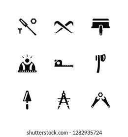 Vector Illustration Of 9 Icons. Editable Pack Screwdriver, Crowbar, Trowel, Axe, Measuring tape, Wrench, Compass, Helmet, Trowel