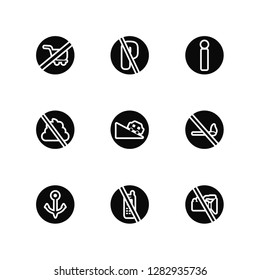 Vector Illustration Of 9 Icons. Editable Pack No shopping cart, parking, Port, fire, Slope, video, phone, pooping, Information