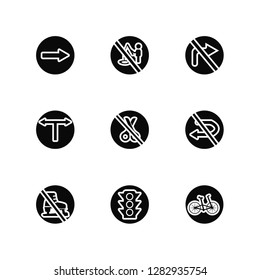 Vector Illustration Of 9 Icons. Editable Pack One way, No fishing, turn, skating, cut, Bicycle, Traffic light, T junction, turn right