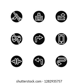 Vector Illustration Of 9 Icons. Editable Pack No camping, Hospital, Narrow road, Phone, Turn right, Curves, Traffic, trucks, Airport