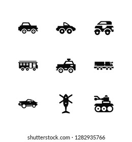 Vector Illustration Of 9 Icons. Editable Pack Car, Pickup truck, Lorry, Taxi, Tank, Helicopter, Bus, Tuk tuk