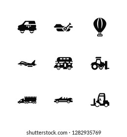 Vector Illustration Of 9 Icons. Editable Pack Van, Rowing, Lorry, Tractor, Double decker bus, Forklift, Car, Jet, Hot air balloon