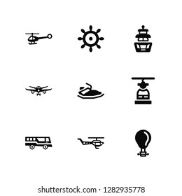 Vector Illustration Of 9 Icons. Editable Pack Helicopter profile, Ship helm, Public bus, Cable car, Ski, Hot air balloon, Helicopter, Airliner, Boat front view