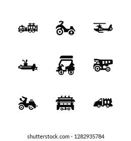 Vector Illustration Of 9 Icons. Editable Pack Fire truck, Motorcycle, Dumper, Golf cart, Van, Tram, Submarine, Helicopter