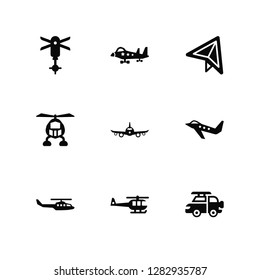 Vector Illustration Of 9 Icons. Editable Pack Helicopter, Military airplane, helicopter, Army Airplane, All terrain, Airplane of paper sheet