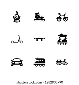 Vector Illustration Of 9 Icons. Editable Pack Train Front, Inline skates, Car frontal view, Golf cart, Skateboard, Locomotive, Camper van, Micro scooter, Bicycle
