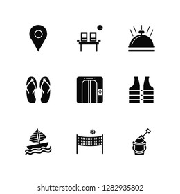 Vector Illustration Of 9 Icons. Editable Pack Check in, Waiting room, Sailboat, Lifejacket, Elevator, Sand bucket, Beach volleyball, Flip flops, Hotel bell