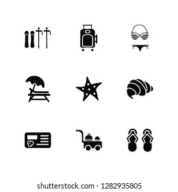 Vector Illustration Of 9 Icons. Editable Pack ski, Suitcase, Postcard, Seashell, Starfish, Flip flops, Room service, Sunbed, Swimsuit