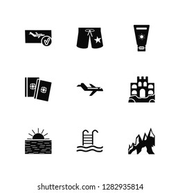 Vector Illustration Of 9 Icons. Editable Pack Booking, Swimsuit, Sunset, Sand castle, Airplane, Mountains, Swimming pool, Passport, Sun protection