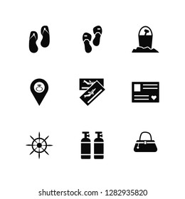 Vector Illustration Of 9 Icons. Editable Pack Flip flops, Helm, Postcards, Tickets, Bag, Oxygen tank, Location, Sand bucket