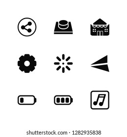 Vector Illustration Of 9 Icons. Editable Pack Share, Button, Low Battery, Send, Birghtness, Music Note, Full Settings, Shop