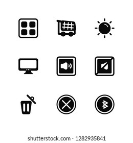 Vector Illustration Of 9 Icons. Editable Pack Menu, Shopping Cart, Eliminar, Mute, Medium Volume, Share, Empty, Screen, Sun