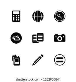 Vector Illustration Of 9 Icons. Editable Pack Calculator, World, Tag, Photo Camera, Text, Equal, Writing, Message, Search