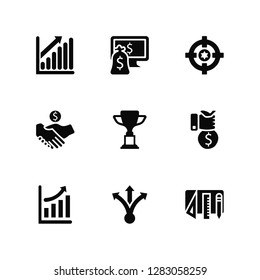 Vector Illustration Of 9 Icons. Editable Pack Success, Profit, Growth, Investment, Trophy, De, Decision, Deal, Target