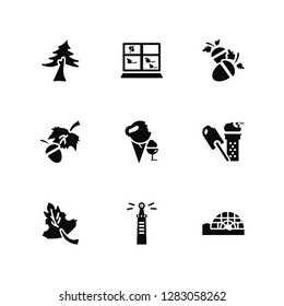 Vector Illustration Of 9 Icons. Editable Pack Pine tree, Autumn, Maple leaf, Ice cream, Igloo, Lighthouse, Leaf, Acorn