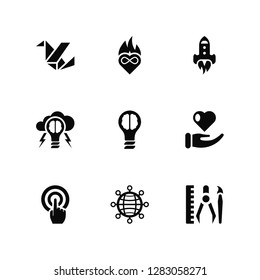 Vector Illustration Of 9 Icons. Editable Pack Origami, Passion, Tap, Charity, Idea, Graphic tool, Networking, Brainstorm, Startup