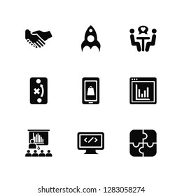 Vector Illustration Of 9 Icons. Editable Pack Handshake, Startup, Work, Data, Online shop, Jigsaw, Web, Strategy, Meeting