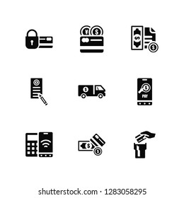 Vector Illustration Of 9 Icons. Editable Pack Cit card, Point of service, Smartphone, Delivery truck, Payment method, Check, Invoice