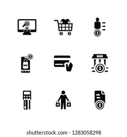Vector Illustration Of 9 Icons. Editable Pack Pay per click, Buy, Point of service, Bank, Cit card, Transfer, Buyer, Online shop, Seller