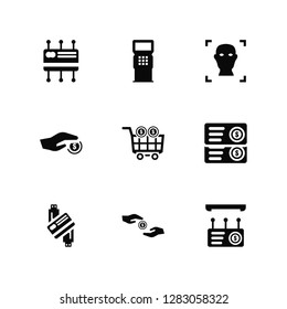 Vector Illustration Of 9 Icons. Editable Pack Cit card, Atm, Payment method, Discount voucher, Shopping cart, Cheque, Facial recognition