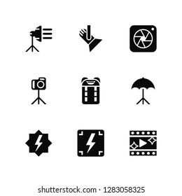 Vector Illustration Of 9 Icons. Editable Pack Spotlight, Flash, Umbrella, Backpack, Play video, Photograph, Photo camera, Shutter