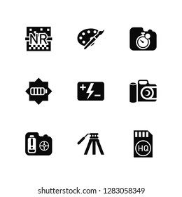 Vector Illustration Of 9 Icons. Editable Pack Noise, Paint palette, Low battery, Photo camera, Flash, High quality, Tripod, Battery, Timer