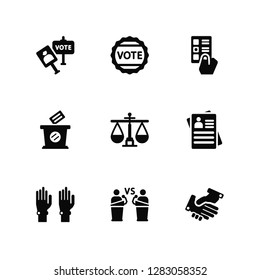 Vector Illustration Of 9 Icons. Editable Pack Vote, Badge, Statistics, Leaflet, Balance, Handshake, Debate, Voting, Poll