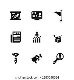 Vector Illustration Of 9 Icons. Editable Pack Line chart, Television, Tie, Pie Bar Search, Megaphone, Newspaper, Flag