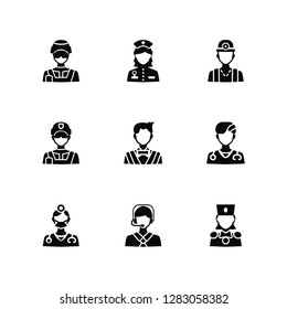 Vector Illustration Of 9 Icons. Editable Pack Soldier, Nurse, Dentist, Doctor, Barber, Telemarketer, Miner