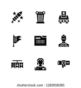 Vector Illustration Of 9 Icons. Editable Pack Fireworks, Column, Garlands, Priest, Calendar, Diploma, Nurse, Flags, Ballot