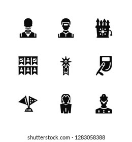 Vector Illustration Of 9 Icons. Editable Pack Waiter, Welder, Flags, Nightstick, Badge, Surgeon, Candidate, Garlands, Fireworks