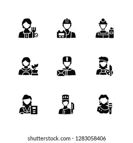 Vector Illustration Of 9 Icons. Editable Pack Gardener, Electrician, Teacher, Painter, Delivery man, Singer, Chef, Florist, Fire extinguisher