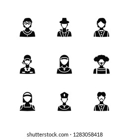 Vector Illustration Of 9 Icons. Editable Pack Librarian, Detective, Basketball, Clown, Nun, Waiter, Bishop, Clerk, Waitress