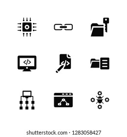 Vector Illustration Of 9 Icons. Editable Pack Cpu, Link, Sitemap, File, Script, Bug, Algorithm, Monitor, Encripted file